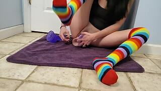 She fucks herself with a dildo squirting on a mat. A bitch uses two dildos to fuck herself. In 4k, a small milf DPV with multiple huge Bad Dragon dildos squirts to a gushing squirting.
