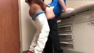 The quicked lunch break fucking session in a doggy style. The horny nurse gets drilled very fast in her thick pussy by a tattooed man.