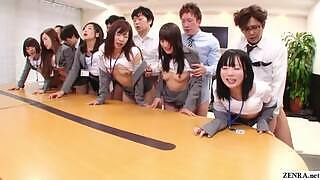 This naughty Japanese secretary lets their horny bosses taste their pussy. Kinky Japanese secretaries ride their bosses' cock in the office.